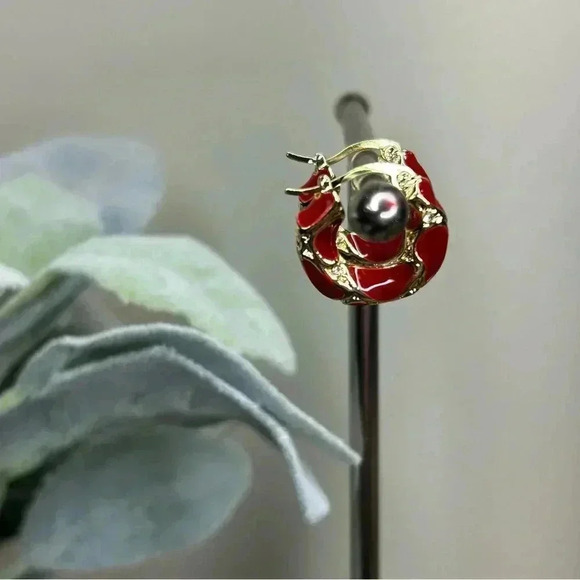 18K Gold Plated Red Enamel Hoop Earrings with Little Rhinestone Accents - Picture 4 of 4